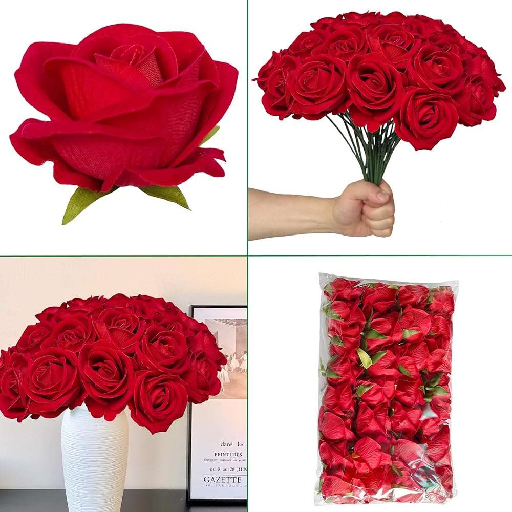 FagusHome 30 Pcs Silk Rose Artificial Flowers Roses Bulk Bouquet Fake Flowers Rose Heads with Stems for Home Wedding Decor (Red) - Image 7
