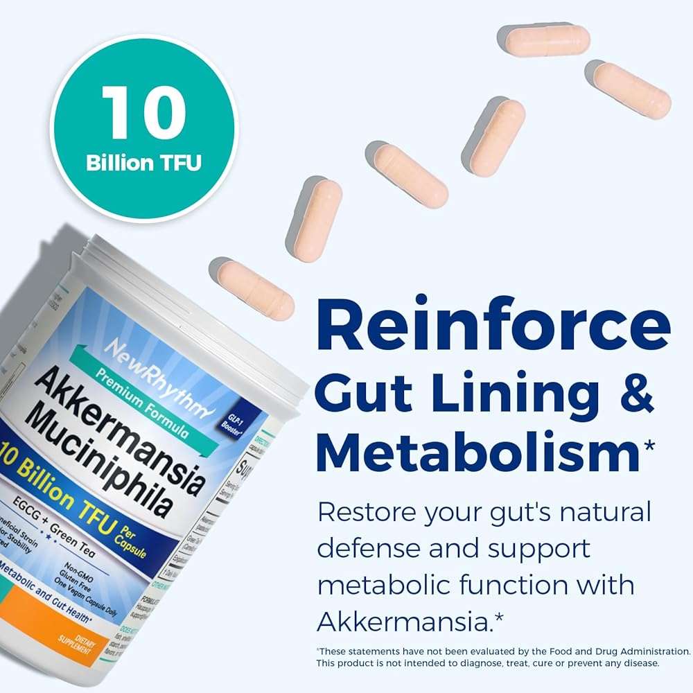 NewRhythm Akkermansia Muciniphila Probiotic, 10 Billion TFU, Pasteurized, Maximum Stability, Green Tea Leaf EGCG, GLP-1 Production, Metabolic Health, Gut, Immunity, for Women & Men, 60 Caps - Image 2