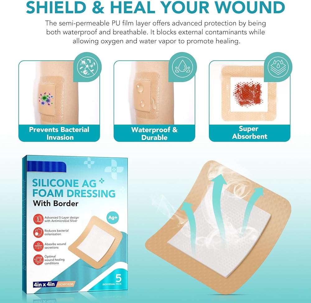 Silicone Foam Dressing, Wound Dressing Pads Various - 5 Packs for Protection from Infection, Hypoallergenic, Breathable, Absorbent for Cuts, Grazes, Ulcers, Sores -10cm x 10cm - Image 7