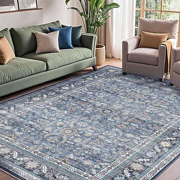 OPPODREAM Vintage Blue Area Rugs 5x7, 5 x 7 Retro Washable Rug Non Slip, Low-Pile Faux Wool Carpet, Distressed Navy Floor Mat for Living Room, Bedroom, Kitchen, Office, Dorm, Dinning Room - Image 1