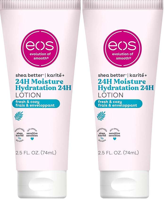 eos 24H Moisture Travel Body Lotion- Fresh & Cozy, Travel Size Essential, Toiletries, Mini Body Lotion, 2.5 fl oz (Pack of 2) - Image 1