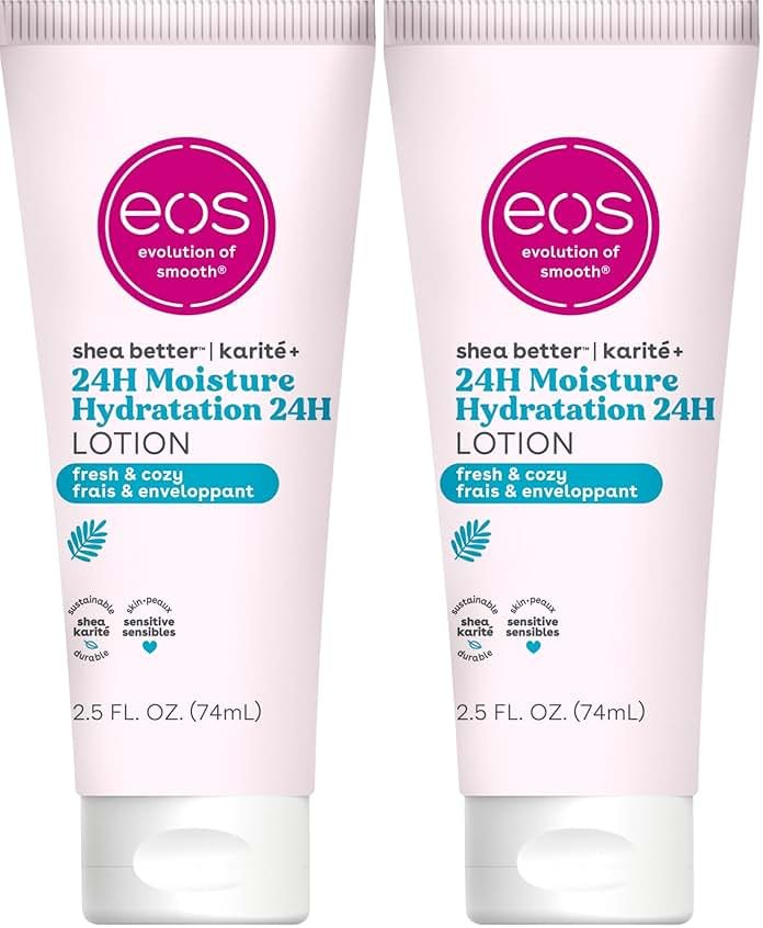 eos 24H Moisture Travel Body Lotion- Fresh & Cozy, Travel Size Essential, Toiletries, Mini Body Lotion, 2.5 fl oz (Pack of 2) - Product Image