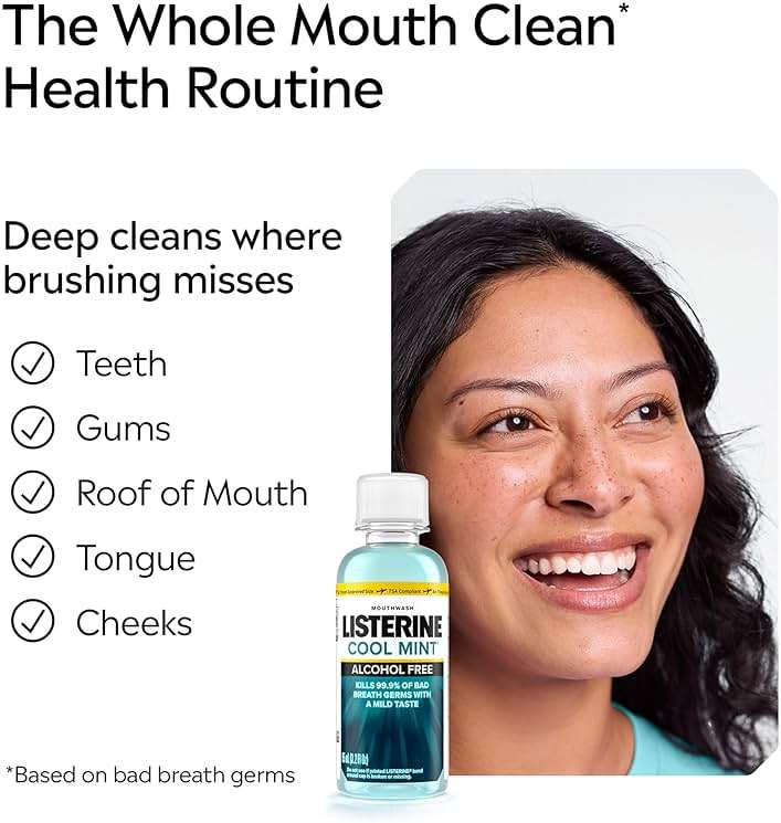 Listerine Alcohol Free Mouthwash, Less Intense Alcohol-Free Oral Care Formula for Bad Breath, Cool Mint Flavor, 3.2 fl. oz (Pack of 2) - Image 3