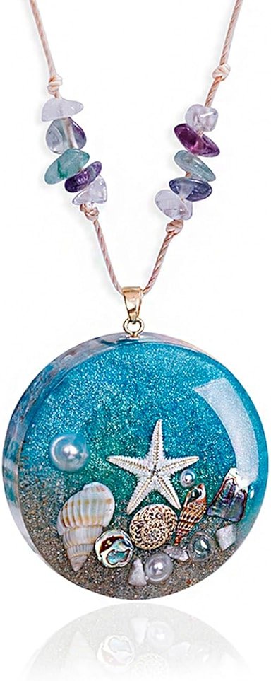 Da Piao Liang Ocean Theme Resin Pendant Necklace, Starfish and Seashell Design, 27.6-31.5" Adjustable Chain, Blue Apatite, 0.7oz - Product Image