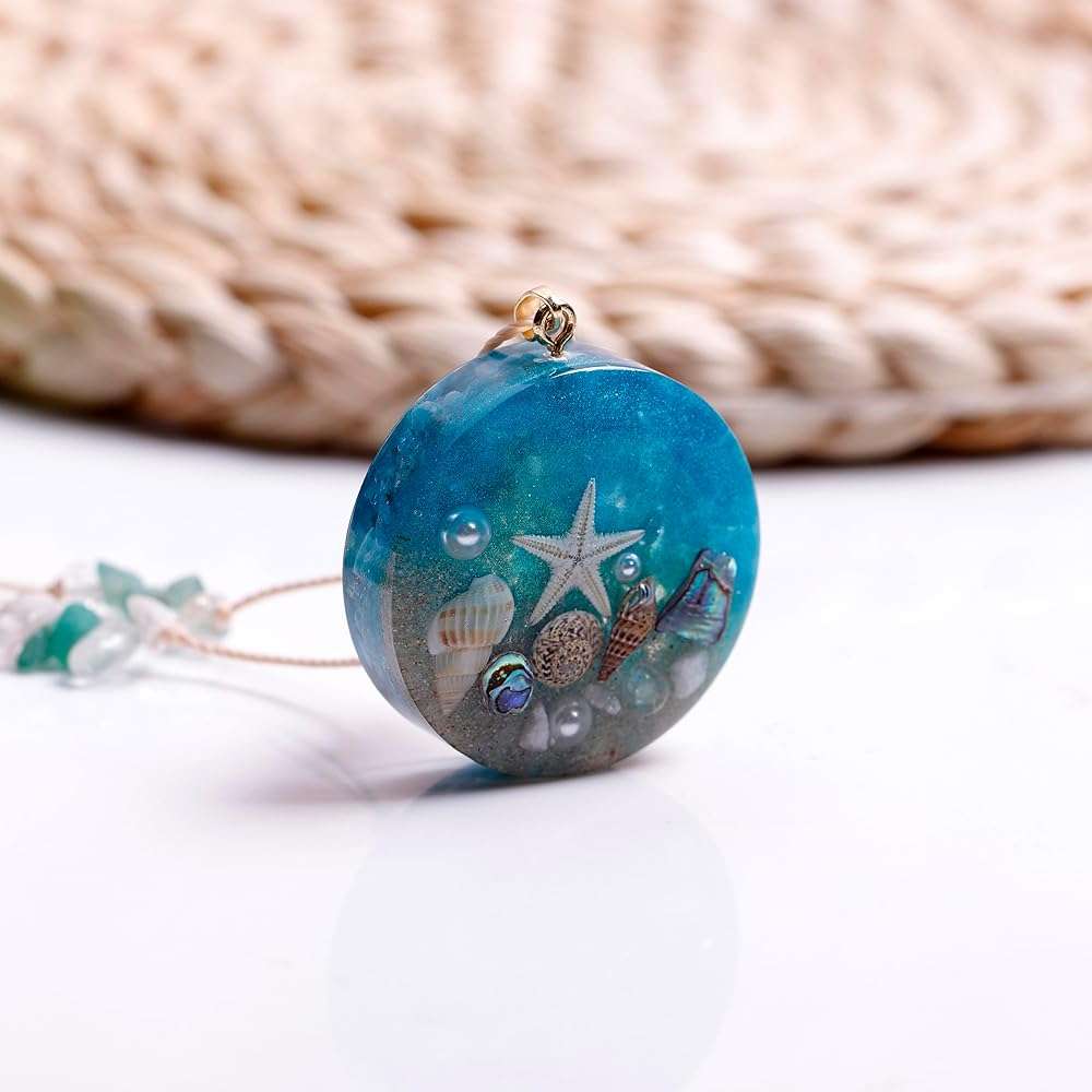 Da Piao Liang Ocean Theme Resin Pendant Necklace, Starfish and Seashell Design, 27.6-31.5" Adjustable Chain, Blue Apatite, 0.7oz - Image 2