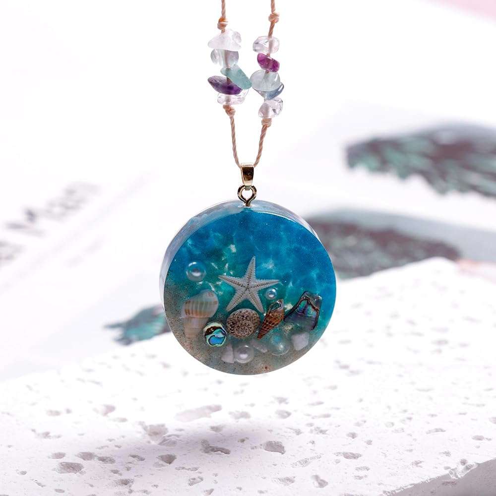 Da Piao Liang Ocean Theme Resin Pendant Necklace, Starfish and Seashell Design, 27.6-31.5" Adjustable Chain, Blue Apatite, 0.7oz - Image 4