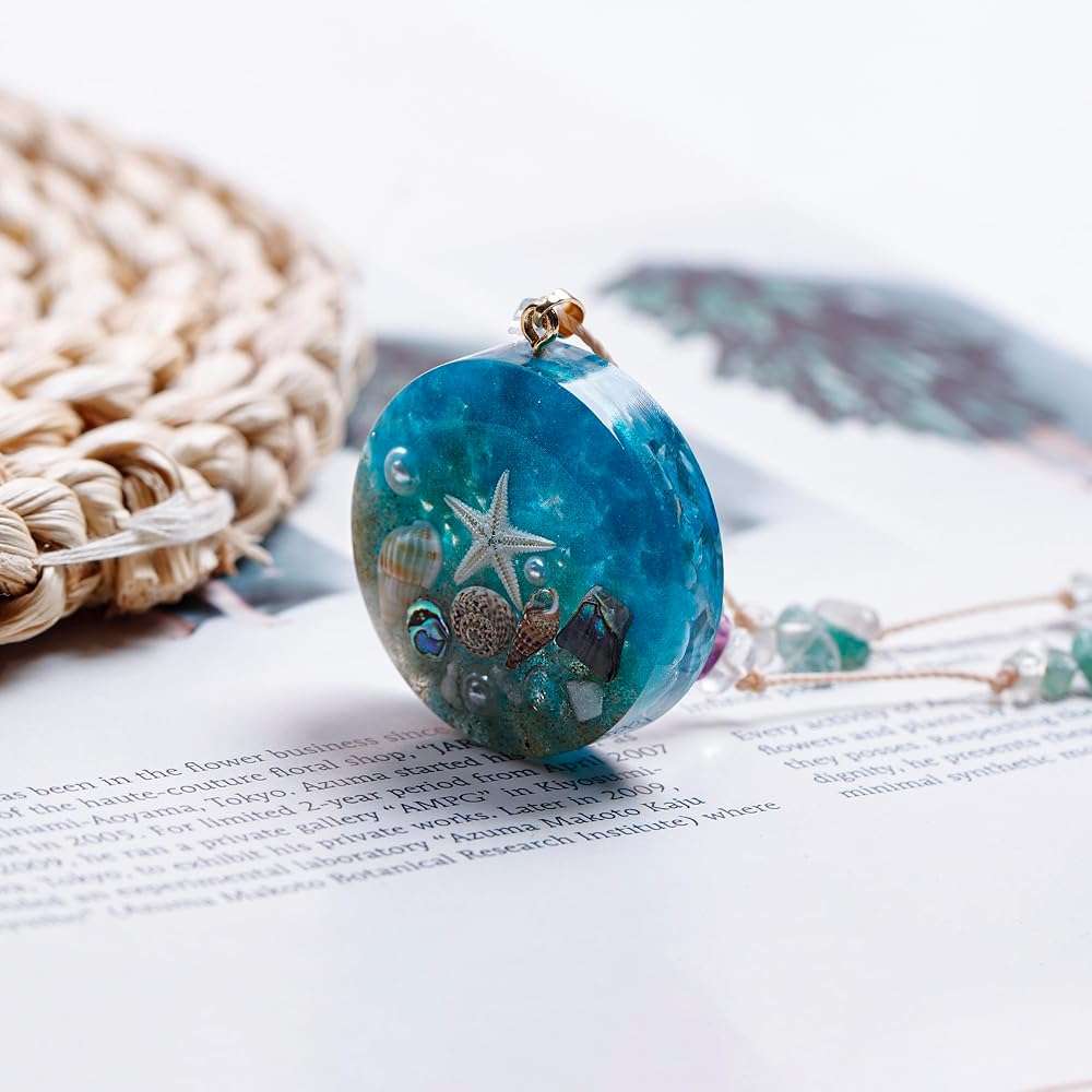 Da Piao Liang Ocean Theme Resin Pendant Necklace, Starfish and Seashell Design, 27.6-31.5" Adjustable Chain, Blue Apatite, 0.7oz - Image 5