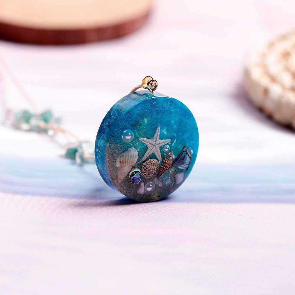 Da Piao Liang Ocean Theme Resin Pendant Necklace, Starfish and Seashell Design, 27.6-31.5" Adjustable Chain, Blue Apatite, 0.7oz - Image 6