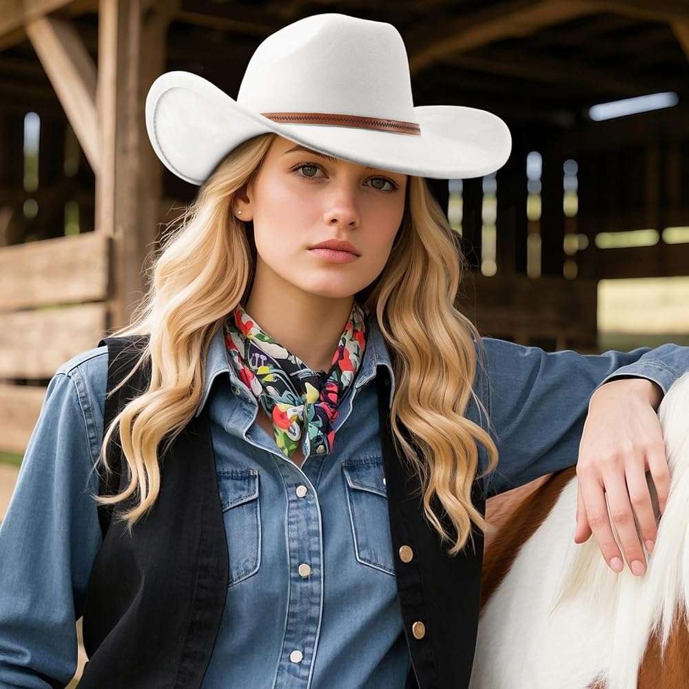 Western Cowboy Hats for Women Classic Felt Wide Brim Fedora Hat with Belt Buckle Retro Panama Hat Unisex Rolled up Cap - Image 3