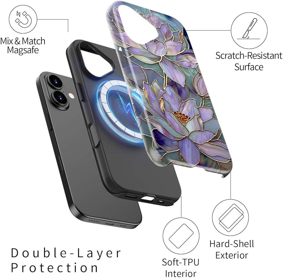 DorisMax for iPhone 17 Case - Wireless Charging Compatible - Dual-Layer Hard Shell + Silicone Cover - Shockproof Protective Phone Case with Stylish Designs for Women - Abstract Lotus - Image 2