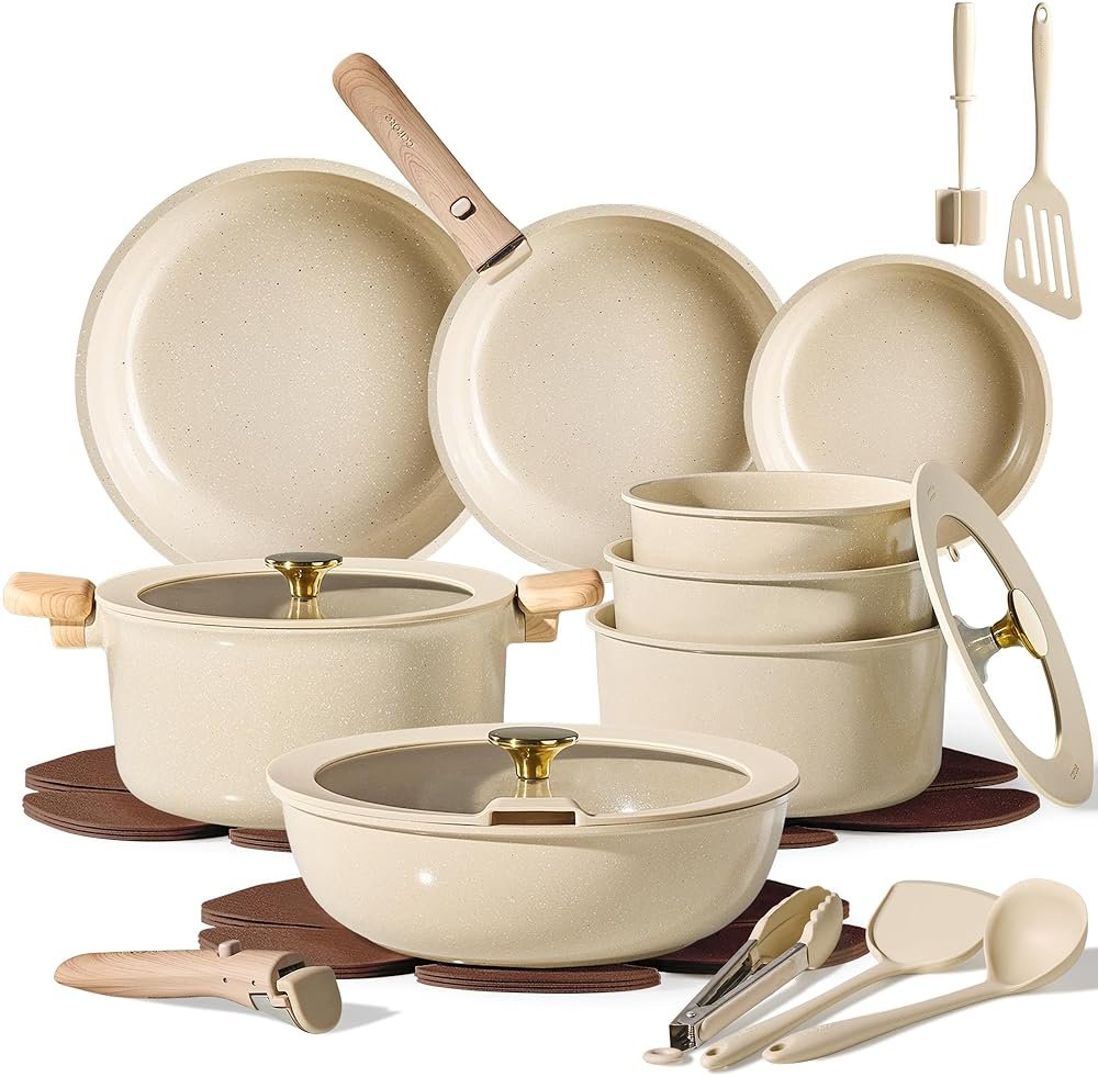 CAROTE 25PCS Ceramic Cookware Set, Pots and Pans set Non Stick, RV Kitchen Cooking Set Removable Handles, Oven Safe, Induction Cookware, Non-toxic Kitchen Cooking Set, PFAS and PFOA Free - Product Image