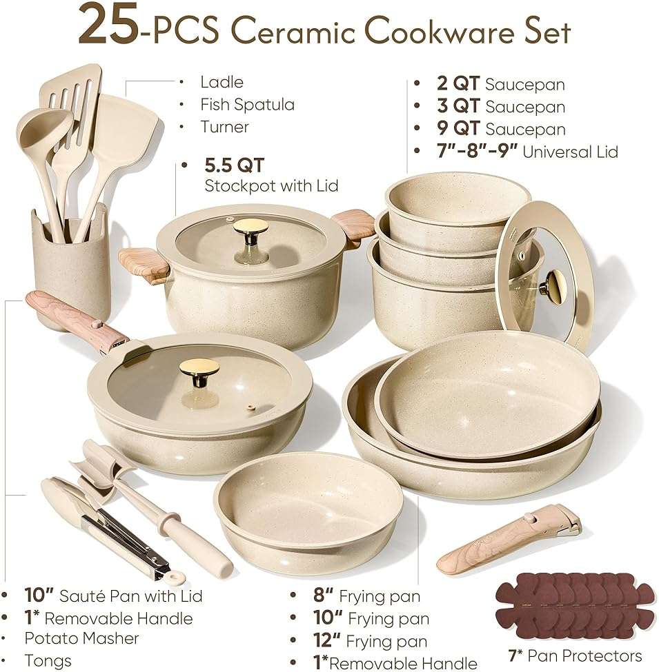 CAROTE 25PCS Ceramic Cookware Set, Pots and Pans set Non Stick, RV Kitchen Cooking Set Removable Handles, Oven Safe, Induction Cookware, Non-toxic Kitchen Cooking Set, PFAS and PFOA Free - Image 2