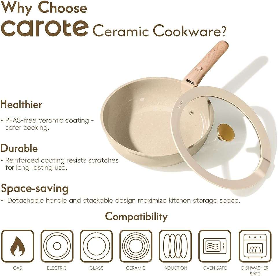 CAROTE 25PCS Ceramic Cookware Set, Pots and Pans set Non Stick, RV Kitchen Cooking Set Removable Handles, Oven Safe, Induction Cookware, Non-toxic Kitchen Cooking Set, PFAS and PFOA Free - Image 8