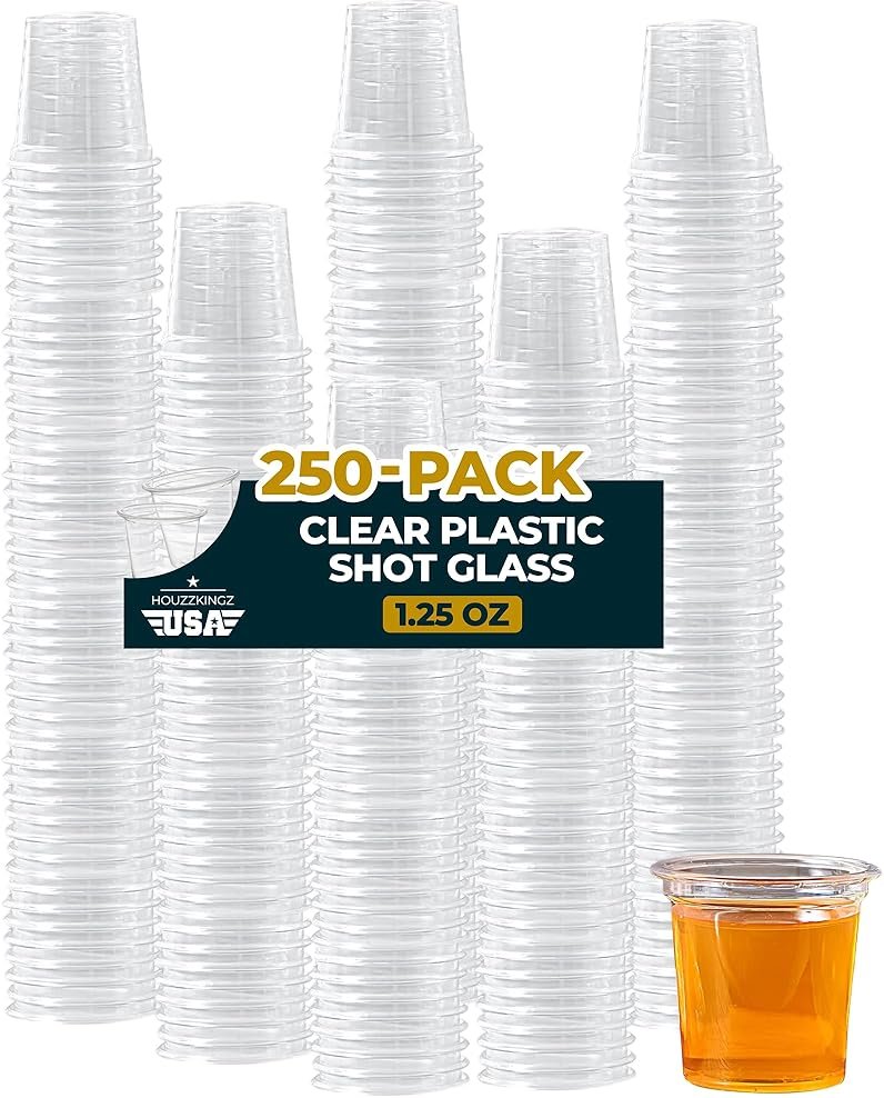 Plastic Shot Glasses Disposable 1.25 Oz – 250 Clear Plastic Shot Glass Cups Bulk for Liquors, Wine Tasting, Jello, Tequila, Mini Small Cocktail Margarita Sample Sauce Cups for Parties and Everyday Use - Product Image