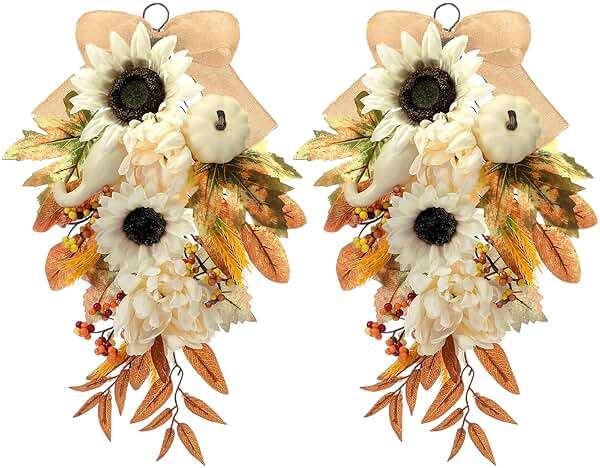 Thiccywoov 2-Pack Fall Teardrop Swags 20‘' Harvest Teardrop Decoration with Mixed Pumpkins, Sunflowers, Berries & Rustic Burlap Bows, Autumn Wreath for Front Door Home Decor(Fall) - Image 1