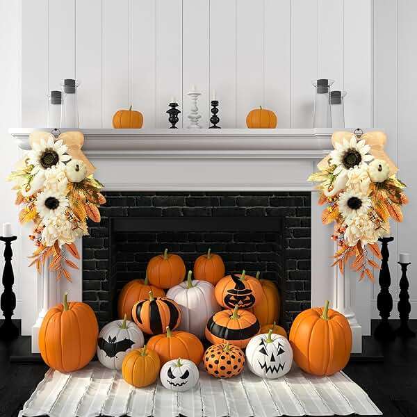 Thiccywoov 2-Pack Fall Teardrop Swags 20‘' Harvest Teardrop Decoration with Mixed Pumpkins, Sunflowers, Berries & Rustic Burlap Bows, Autumn Wreath for Front Door Home Decor(Fall) - Image 2