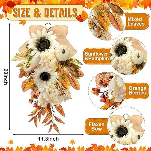 Thiccywoov 2-Pack Fall Teardrop Swags 20‘' Harvest Teardrop Decoration with Mixed Pumpkins, Sunflowers, Berries & Rustic Burlap Bows, Autumn Wreath for Front Door Home Decor(Fall) - Image 3