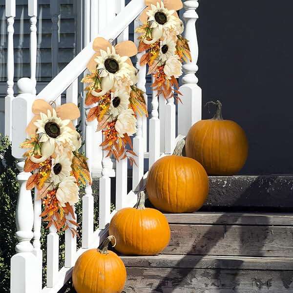 Thiccywoov 2-Pack Fall Teardrop Swags 20‘' Harvest Teardrop Decoration with Mixed Pumpkins, Sunflowers, Berries & Rustic Burlap Bows, Autumn Wreath for Front Door Home Decor(Fall) - Image 5