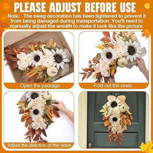 Thiccywoov 2-Pack Fall Teardrop Swags 20‘' Harvest Teardrop Decoration with Mixed Pumpkins, Sunflowers, Berries & Rustic Burlap Bows, Autumn Wreath for Front Door Home Decor(Fall) - Image 6