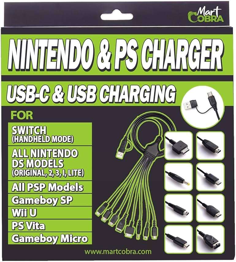 Mart Cobra USB-C & USB Charger Cable for Switch/PS Vita/Gameboy Micro/New 3DS XL/New 3DS/3DS XL/3DS/new 2DS XL/2DS/DS/DSi/GBA SP/DS Lite/Wii U Gamepad/PSP/Original Nintendo DS, 3DS Charger Advance SP - Image 1