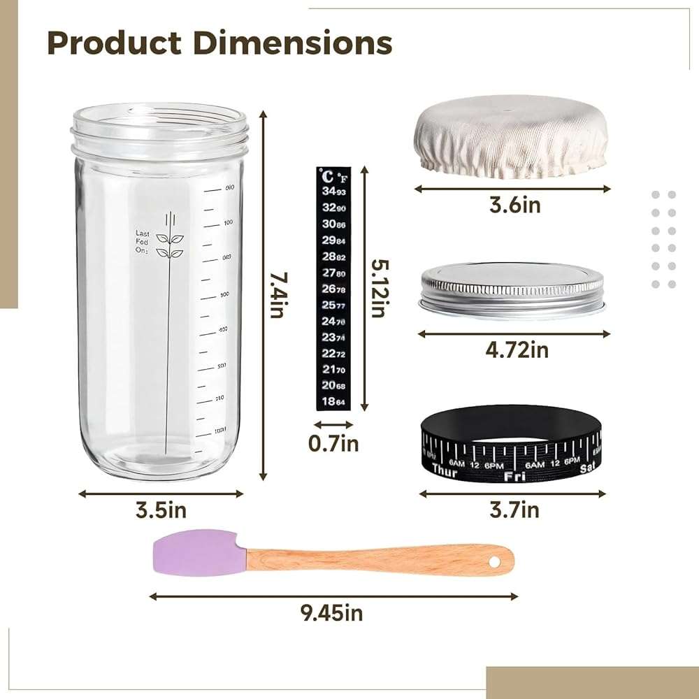 Sourdough Fermentation Starter Kit – 34Oz Glass Jars With Thermometers, Scrapers, Date Bands, Lids & Cloth Covers - Image 2