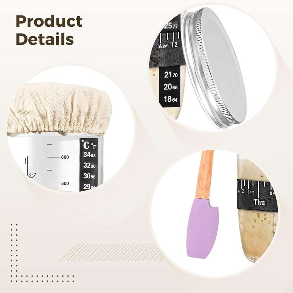 Sourdough Fermentation Starter Kit – 34Oz Glass Jars With Thermometers, Scrapers, Date Bands, Lids & Cloth Covers - Image 3