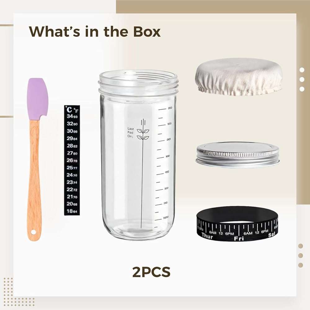 Sourdough Fermentation Starter Kit – 34Oz Glass Jars With Thermometers, Scrapers, Date Bands, Lids & Cloth Covers - Image 5