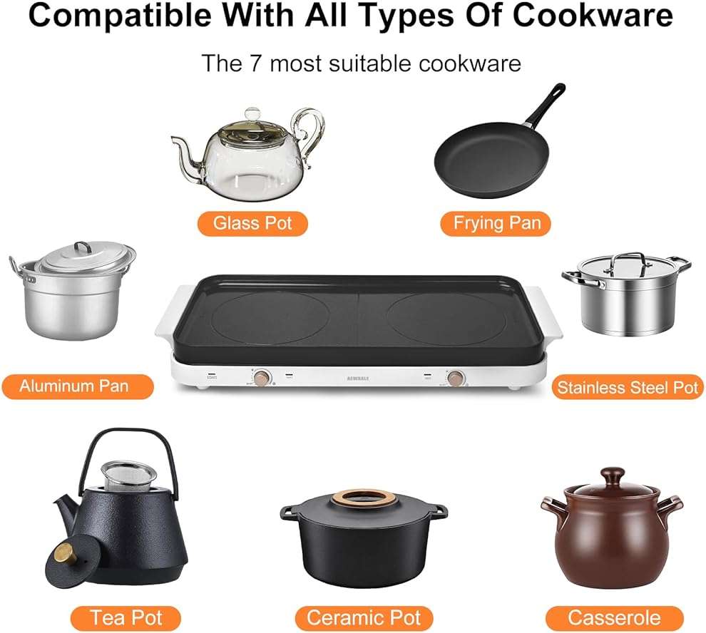 AEWHALE Countertop Double Burners with Removable Griddle Pan Non-stick,1800W Electric Hot Plate Adjustable Temperature - Image 3