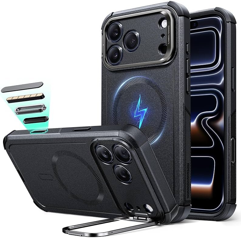 ESR for iPhone 17 Pro Max Phone Case with Stand, 23ft Military-Grade Drop Protection, Camera Control Button, Shock-Absorbing Rugged Cover, Compatible with MagSafe Accessories, Cyber Series, Black - Product Image