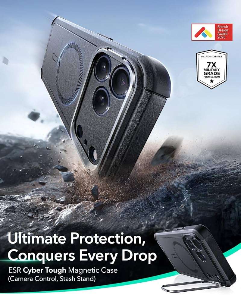 ESR for iPhone 17 Pro Max Phone Case with Stand, 23ft Military-Grade Drop Protection, Camera Control Button, Shock-Absorbing Rugged Cover, Compatible with MagSafe Accessories, Cyber Series, Black - Image 2