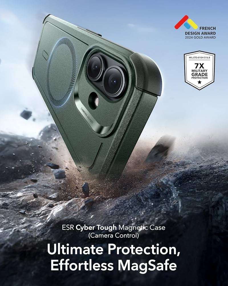 ESR for iPhone 17 Phone Case, 23ft Military-Grade Drop Protection, Shock-Absorbing Rugged Cover, MagSafe Accessories Compatible, Cyber Series, Olive Green - Image 3