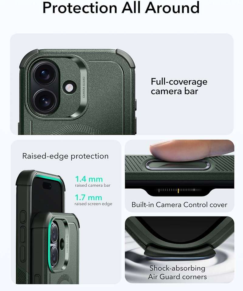 ESR for iPhone 17 Phone Case, 23ft Military-Grade Drop Protection, Shock-Absorbing Rugged Cover, MagSafe Accessories Compatible, Cyber Series, Olive Green - Image 4