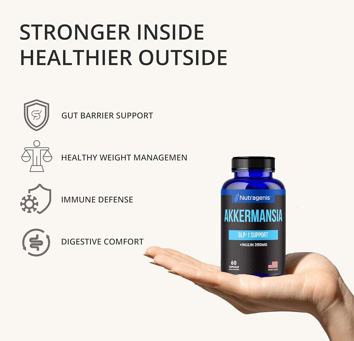 Nutragenis Akkermansia Muciniphila Probiotic – 1 Billion AFU with 390 mg Inulin Prebiotic Fiber – 60 Capsules, 2-Month Supply – Gut Health & Metabolism Support, Daily Probiotic for Men & Women - Image 2