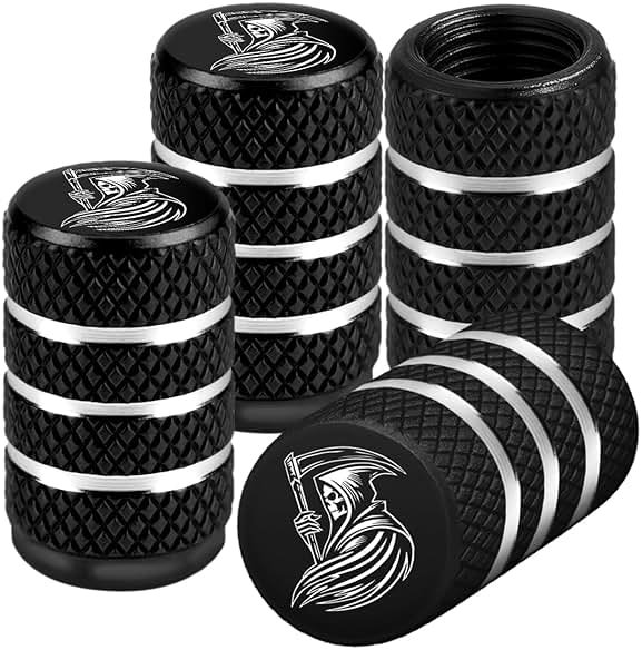 Grim Reaper Tire Valve Stem Caps, 4 pcs/Pack, Anodized Aluminum Tire Valve Cap Set, Corrosion Resistant, Universal Stem Covers for Cars Trucks Motorcycles SUVs and Bikes (Black) - Product Image