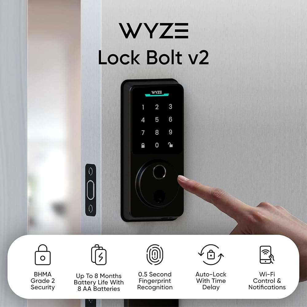 Wyze Auto-Lock Bolt v2, Fingerprint Keyless Entry Smart Lock, AI Learning Scanner with Wi-Fi Front Door Lock Deadbolt, Auto-Lock, 8 Months Battery, BHMA2, IP53, Anti-Peep Keypad, Backup Keys - Image 2