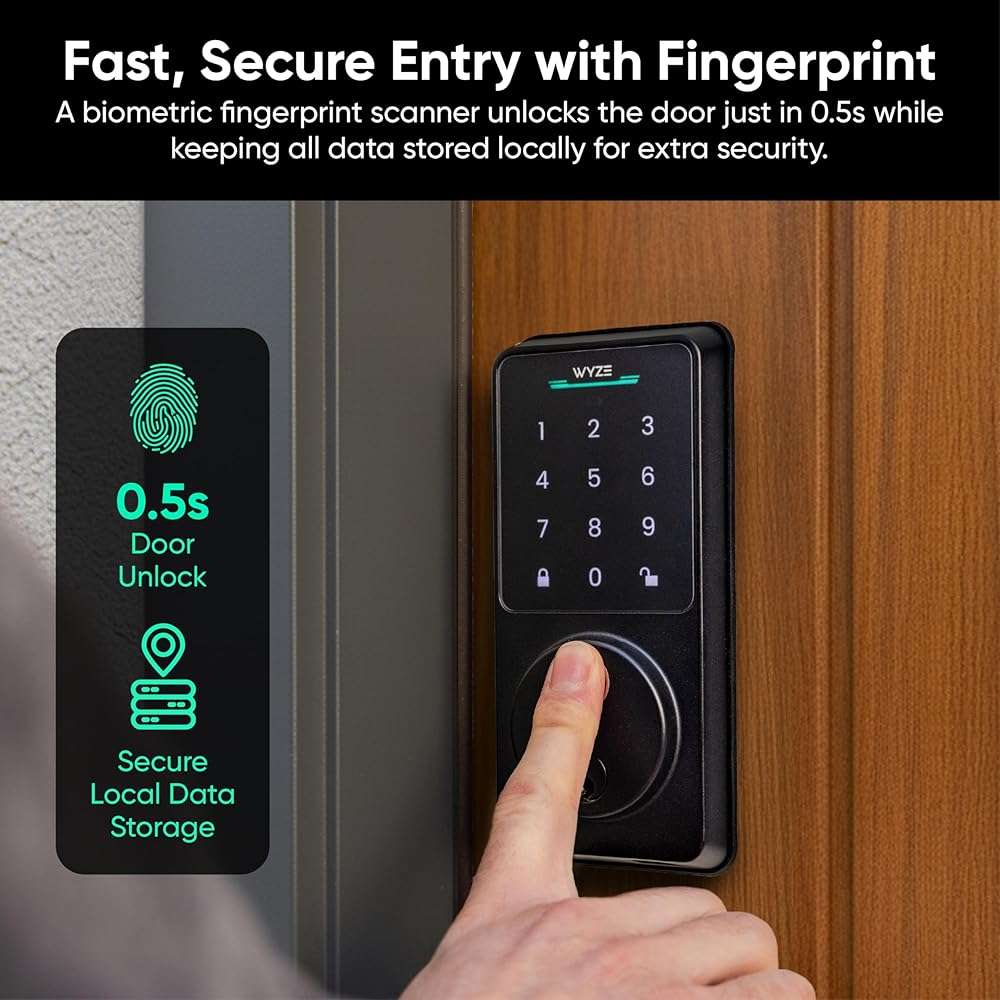 Wyze Auto-Lock Bolt v2, Fingerprint Keyless Entry Smart Lock, AI Learning Scanner with Wi-Fi Front Door Lock Deadbolt, Auto-Lock, 8 Months Battery, BHMA2, IP53, Anti-Peep Keypad, Backup Keys - Image 3