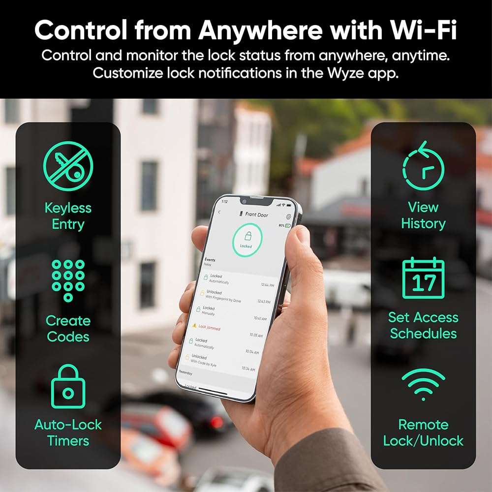 Wyze Auto-Lock Bolt v2, Fingerprint Keyless Entry Smart Lock, AI Learning Scanner with Wi-Fi Front Door Lock Deadbolt, Auto-Lock, 8 Months Battery, BHMA2, IP53, Anti-Peep Keypad, Backup Keys - Image 5