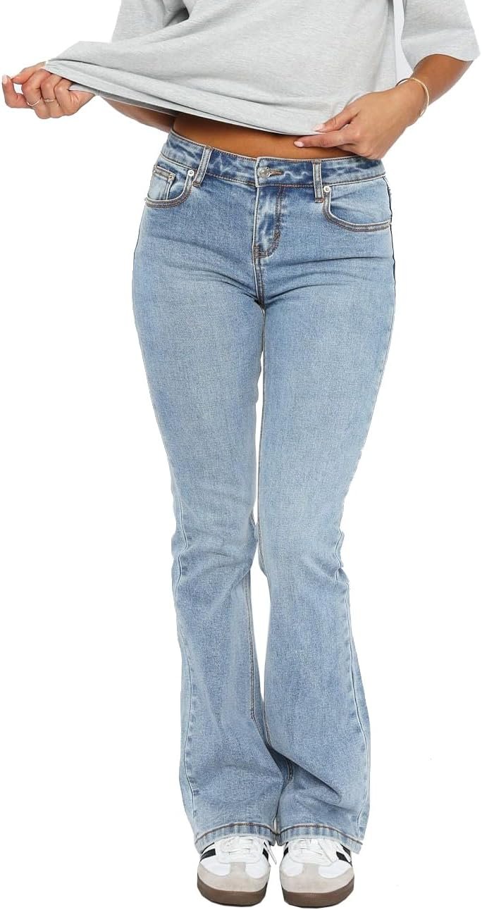 Justalwart Women's Stretch Low Rise Double Button Elastic Skinny Vintage Flare Jeans - Product Image