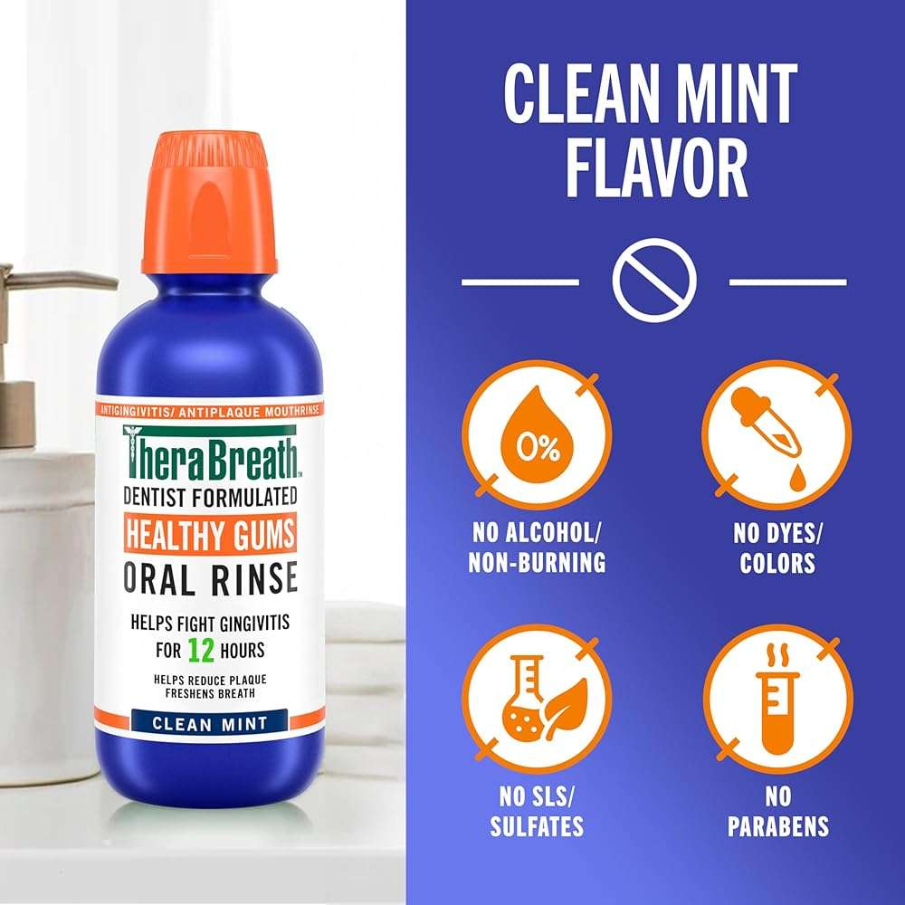 TheraBreath Healthy Gums Oral Rinse, Antigingivitis, Clean Mint Flavor, Dentist Formulated to Help Prevent Gingivitis and Support Gum Health, Alcohol Free, 1 Liter - Image 6