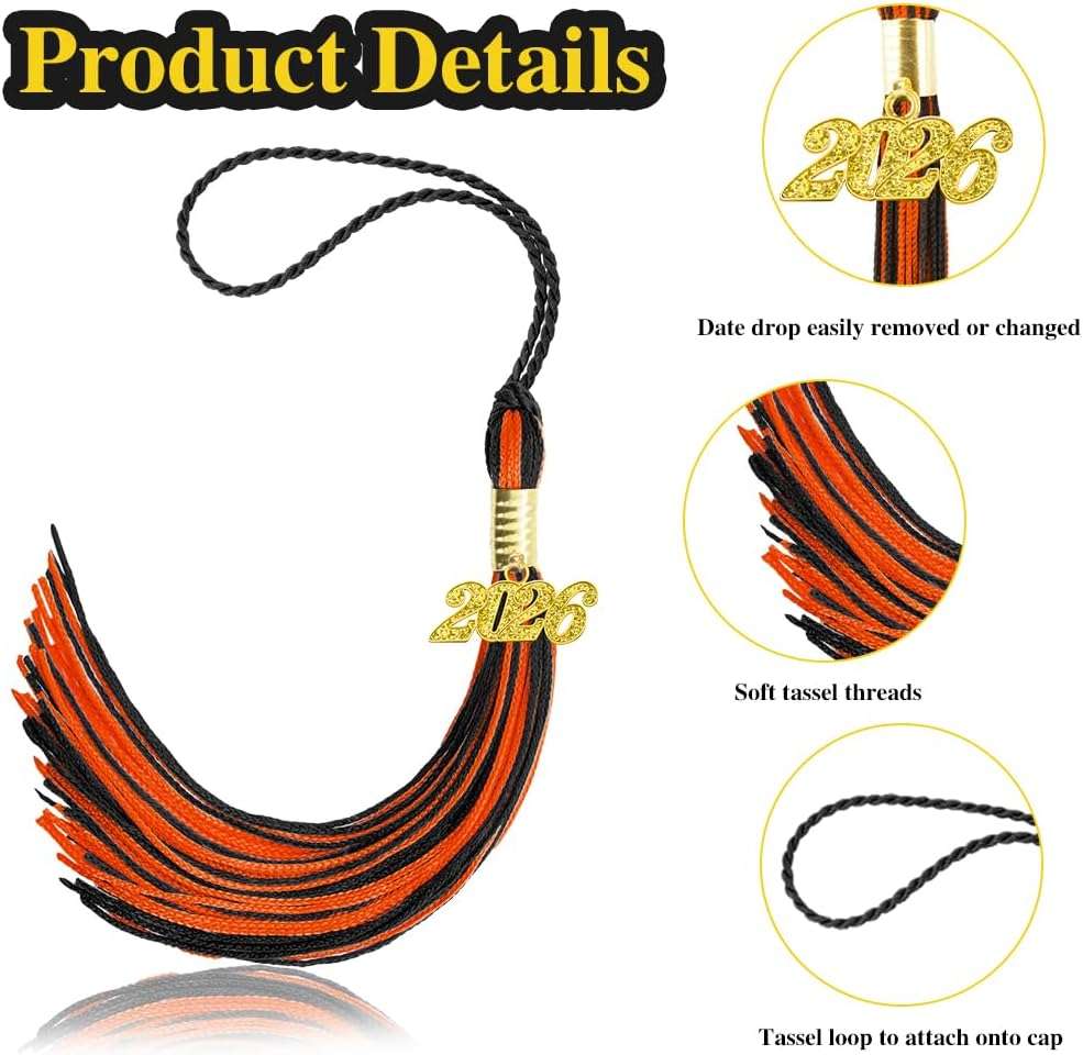 2026 Tassel Graduation, Graduation Tassel 2026, Graduate Cap Tassels with Gold 2026 Charm for Graduations Cap Graduations Party Ceremonies Black and Orange - Image 4