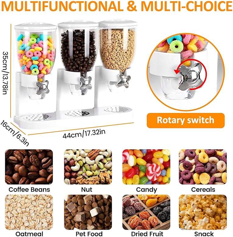 Petyoung Triple Food Storage Dispenser, 6L Capacity Cereal Container, Plastic Dry Food Dispenser for Candy Nuts Grains Granola Snack - Image 2