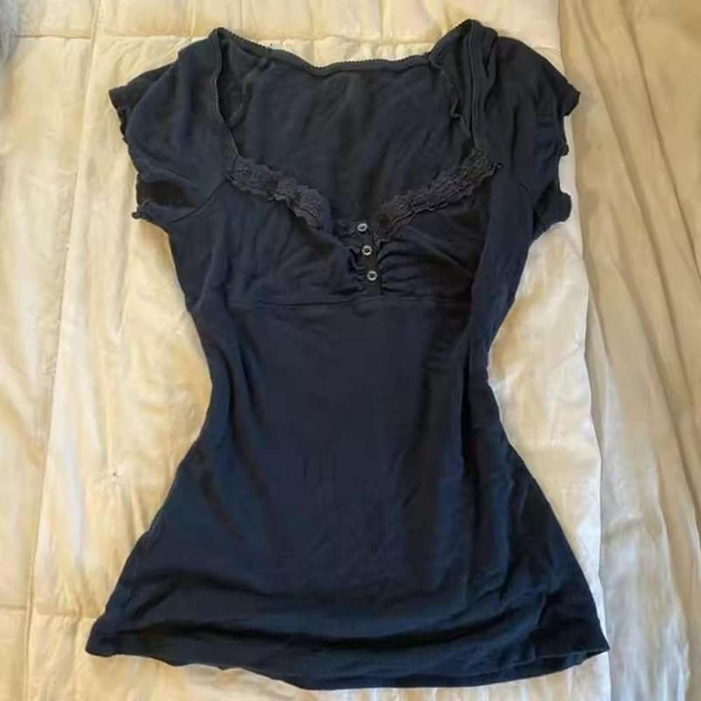 Grunge Emo Goth Shirts Y2k Lace Bow Coquette Babydoll Tops Women Vintage Graphic Tee 2000s Summer Crop Tops - Image 2