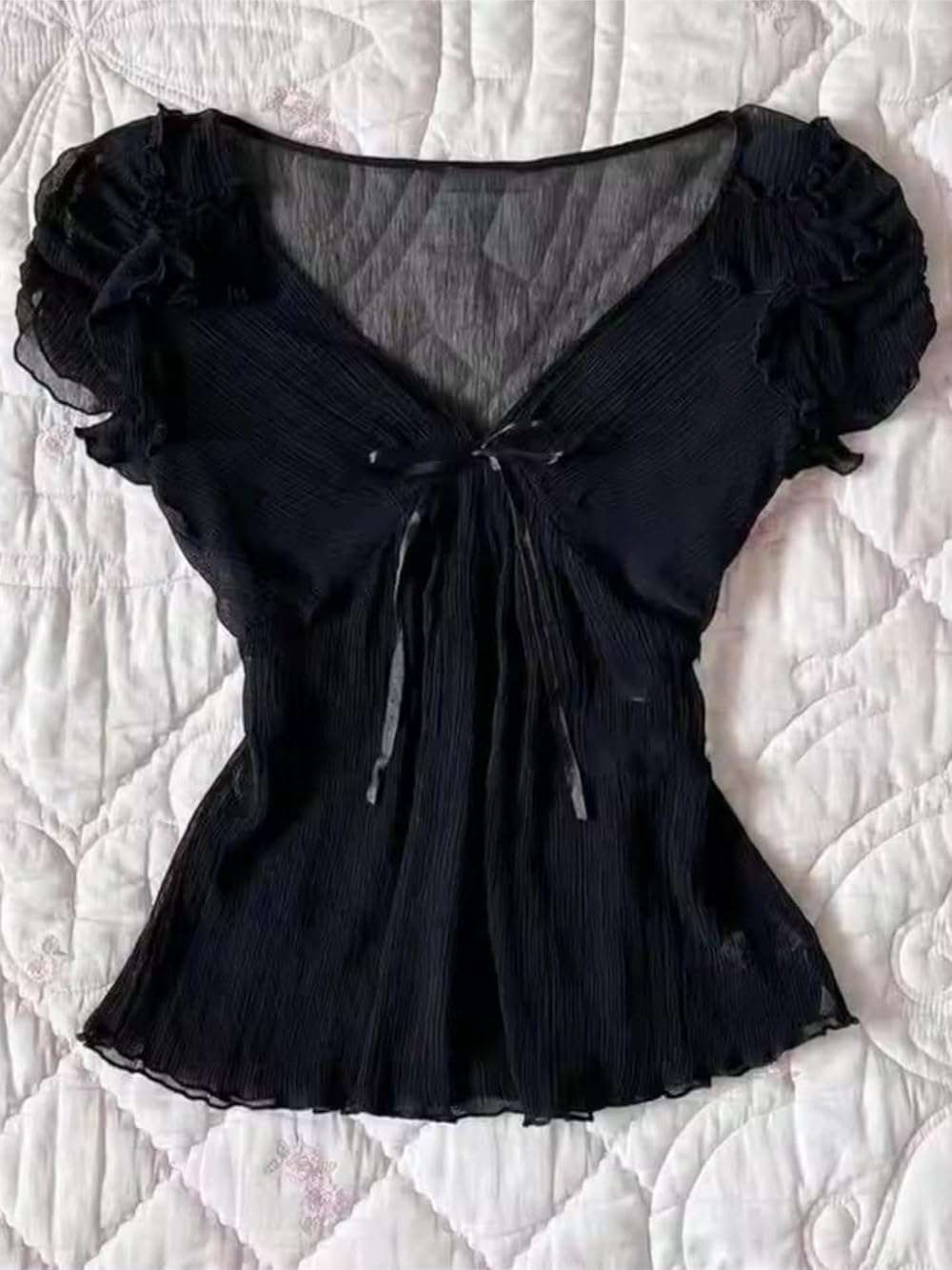 Grunge Emo Goth Shirts Y2k Lace Bow Coquette Babydoll Tops Women Vintage Graphic Tee 2000s Summer Crop Tops - Image 3