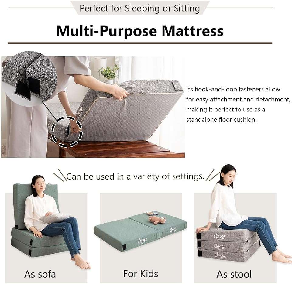 EMOOR 2-Way Splittable Napping Mattress 3-Pcs 25.6x70.9x4.7in High Density Foam Gray, Versatile Floor Cushion Stool Washable Cover - Image 6