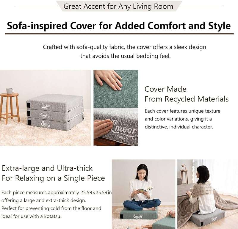 EMOOR 2-Way Splittable Napping Mattress 3-Pcs 25.6x70.9x4.7in High Density Foam Gray, Versatile Floor Cushion Stool Washable Cover - Image 7