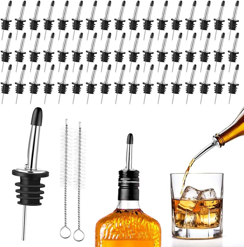 mwellewm 50 Pcs Liquor Pour Spouts, Stainless Steel Liquor Bottle Pourers for Alcohol Speed Pourers for Liquor Bottles Bartending Oil Vinegar and Wine Bar Bartender Accessories - Image 1
