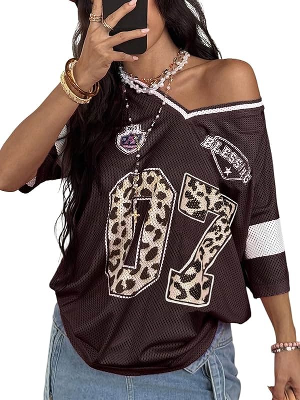 SOLY HUX Women's Y2k Leopard Number Graphic Oversized Tops Football Jersey Shirts Streetwear - Product Image