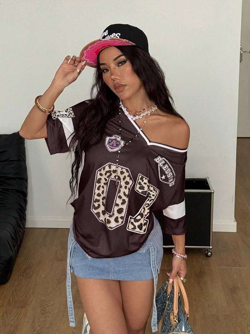 SOLY HUX Women's Y2k Leopard Number Graphic Oversized Tops Football Jersey Shirts Streetwear - Image 4