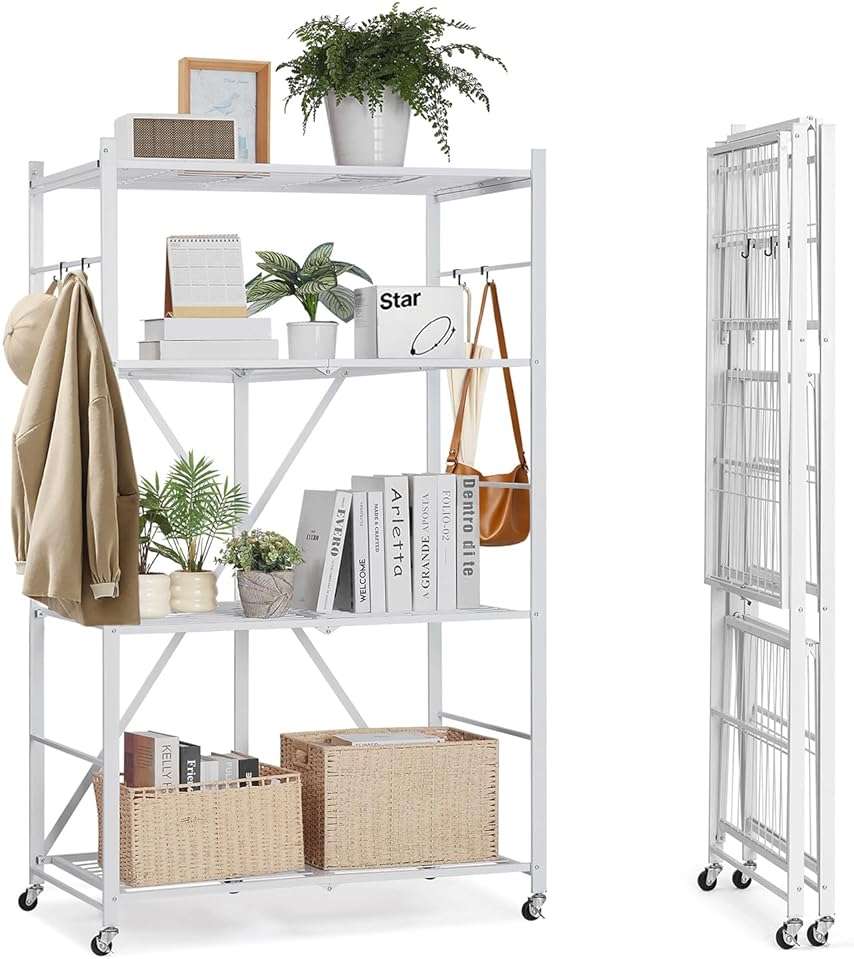 VEVOR 4-Tier Foldable Storage Shelf, 36W x 21D x 60 H Inch Folding Metal Rack Shelving Unit, No Assembly Organizer Shelf with 5 Wheels & 4 Hooks for Pantry, Kitchen, Garage, Basement, White - Image 1