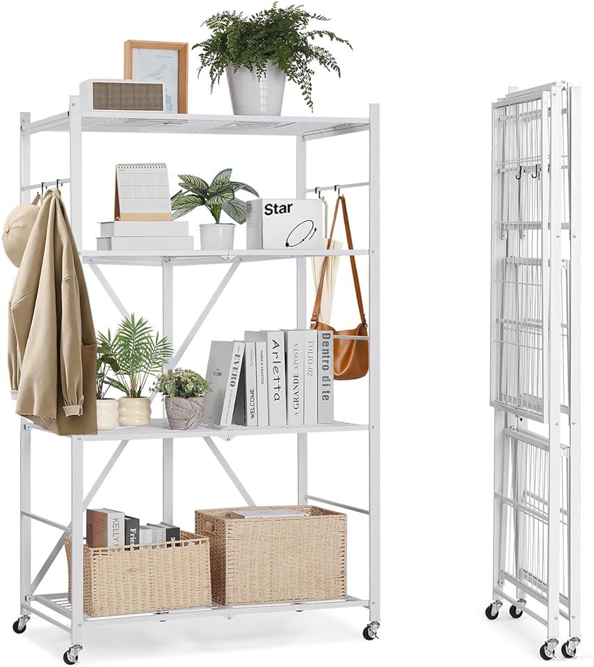 VEVOR 4-Tier Foldable Storage Shelf, 36W x 21D x 60 H Inch Folding Metal Rack Shelving Unit, No Assembly Organizer Shelf with 5 Wheels & 4 Hooks for Pantry, Kitchen, Garage, Basement, White - Product Image